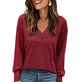 Long Sleeve Shirts for Women's V Neck Lightweight Sweater Spring Fall Casual Tunic Tops