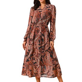 Women's V Neck Boho Floral Dresses Long Sleeve High Waist Smocked Cuff A-Line Flowy Midi Dresses