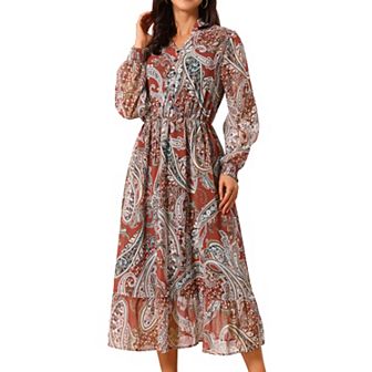 Women's V Neck Boho Floral Dresses Long Sleeve High Waist Smocked Cuff A-Line Flowy Midi Dresses