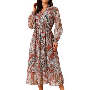 Women's V Neck Boho Floral Dresses Long Sleeve High Waist Smocked Cuff A-Line Flowy Midi Dresses