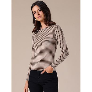 Women's Striped Long Sleeve Shirt Boat Neck Tops Stertchy Casual Basic Tee Shirt