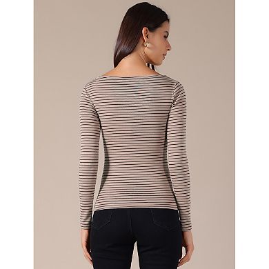 Women's Striped Long Sleeve Shirt Boat Neck Tops Stertchy Casual Basic Tee Shirt
