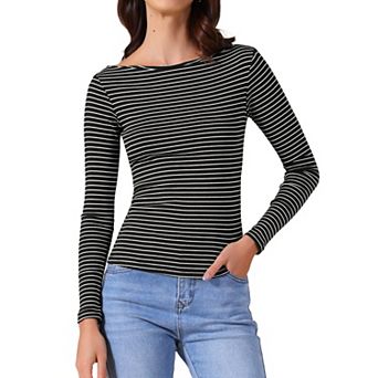 Women's Striped Long Sleeve Shirt Boat Neck Tops Stertchy Casual Basic Tee Shirt