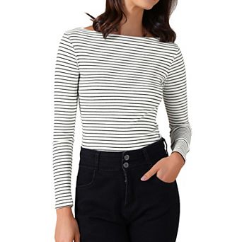 Women's Striped Long Sleeve Shirt Boat Neck Tops Stertchy Casual Basic Tee Shirt