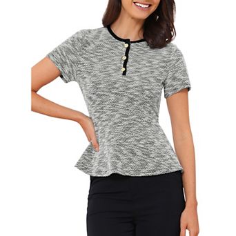 Tweed Top for Women's Plaid Crewneck Short Sleeve Office Work Peplum Blouses