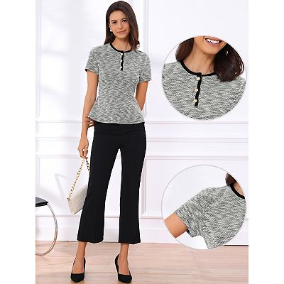 Tweed Top for Women's Plaid Crewneck Short Sleeve Office