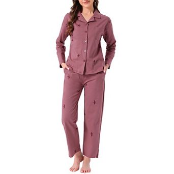 Women's Cotton Pajamas Button Down Long Sleeve Top and Pants 2 pc Loungewear Sets with Pockets
