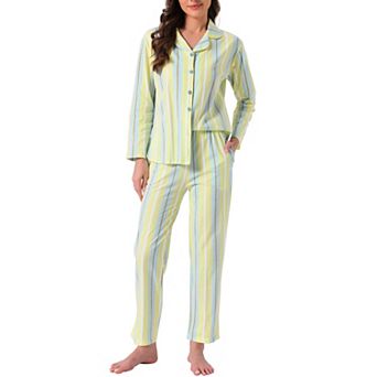 Women's Cotton Pajamas Button Down Long Sleeve Top and Pants 2 pc Loungewear Sets with Pockets