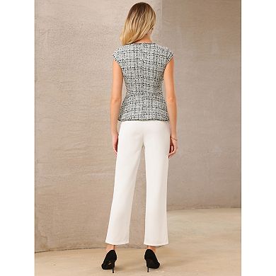 Women's Elegant Tweed Top Crew Neck Cap Sleeve Business Office Peplum Blouse Tops