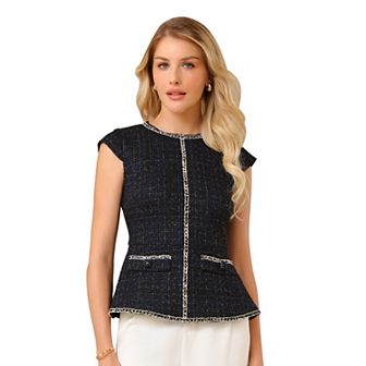Women's Elegant Tweed Top Crew Neck Cap Sleeve Business Office Peplum Blouse Tops