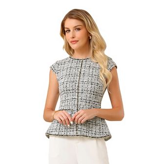 Women's Elegant Tweed Top Crew Neck Cap Sleeve Business Office Peplum Blouse Tops
