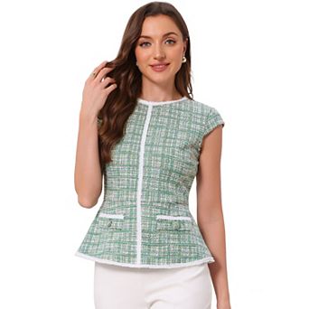 Women's Elegant Tweed Top Crew Neck Cap Sleeve Business Office Peplum Blouse Tops