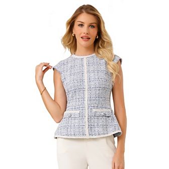 Women's Elegant Tweed Top Crew Neck Cap Sleeve Business Office Peplum Blouse Tops