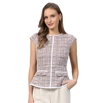 Women's Elegant Tweed Top Crew Neck Cap Sleeve Business Office Peplum Blouse Tops