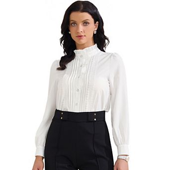 Women's Ruffled Button Down Shirts Trendy Casual Long Sleeve Blouse Elegant Work Tops