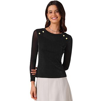 Women's Shiny Glitter Top Sheer Mesh Party Club Long Sleeve Top