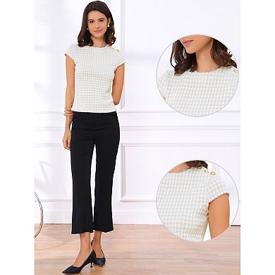 Houndstooth Blouses for Women's Elegant Crew Neck Strenchy Work Office Cap Sleeve Top
