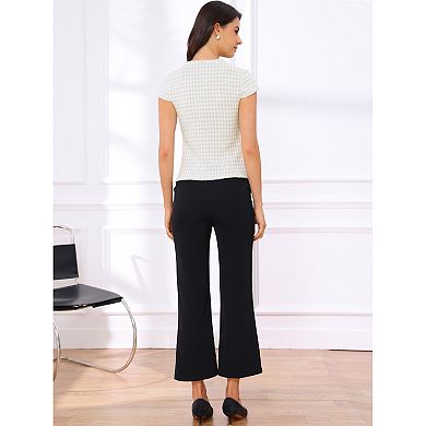 Houndstooth Blouses for Women's Elegant Crew Neck Strenchy Work Office Cap Sleeve Top