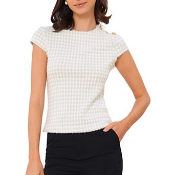 Houndstooth Blouses for Women's Elegant Crew Neck Strenchy Work Office Cap Sleeve Top