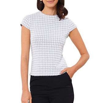 Houndstooth Blouses for Women's Elegant Crew Neck Strenchy Work Office Cap Sleeve Top