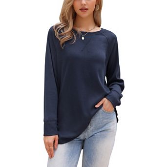 Waffle Knit Top for Women Fall Casual Crewneck Long Sleeve Blouse Loose Pullover Shirts