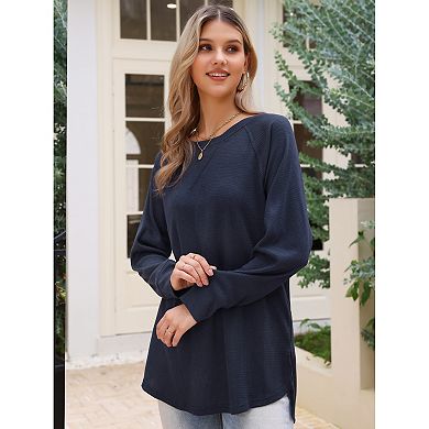 Waffle Knit Top for Women Fall Casual Crewneck Long Sleeve Blouse Loose Pullover Shirts