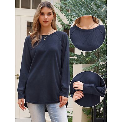 Waffle Knit Top for Women Fall Casual Crewneck Long Sleeve Blouse Loose Pullover Shirts