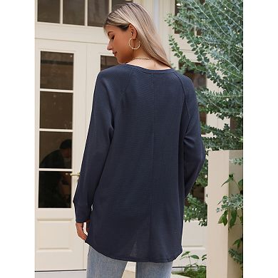 Waffle Knit Top for Women Fall Casual Crewneck Long Sleeve Blouse Loose Pullover Shirts