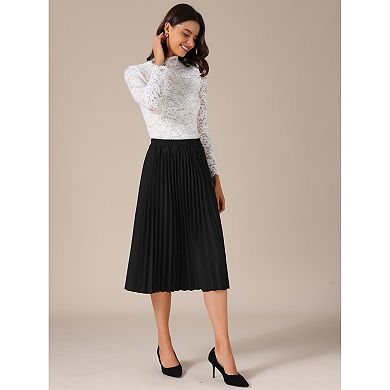 Women's Pleated Midi Skirt Elastic High Waist A-Line Swing Casual Flowy Long Skirts