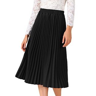 Women's Pleated Midi Skirt Elastic High Waist A-Line Swing Casual Flowy Long Skirts