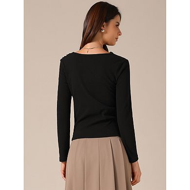 Women's Long Sleeve Tops Casual Fitted Asymmetric Neck Knot Ruched Top