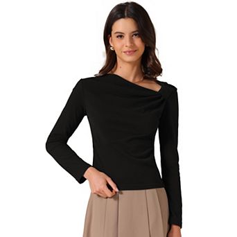 Women's Long Sleeve Tops Casual Fitted Asymmetric Neck Knot Ruched Top