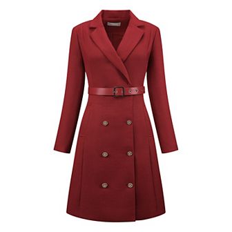 Women's Tweed Dress Double Breasted Long Sleeve Blazer Dress with Belt