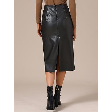 Women's PU Leather Midi Skirts Party High Waist Split Back Bodycon Pencil Skirt