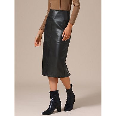 Women's PU Leather Midi Skirts Party High Waist Split Back Bodycon Pencil Skirt