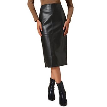 Women's PU Leather Midi Skirts Party High Waist Split Back Bodycon Pencil Skirt