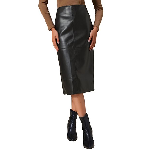Women's PU Leather Midi Skirts Party High Waist Split Back Bodycon