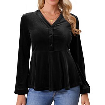 Women's Winter Velvet Tops Long Sleeve V Neck Slim Fit Elegant Peplum Top Casual Blouse