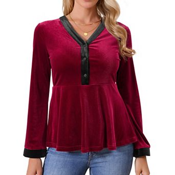 Women's Winter Velvet Tops Long Sleeve V Neck Slim Fit Elegant Peplum Top Casual Blouse