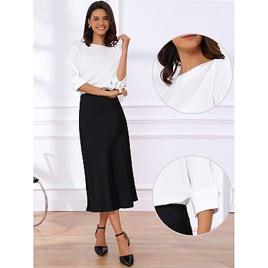Satin Blouse for Women Dressy Casual Top Boat Neck 3/4 Sleeve Work Shirt