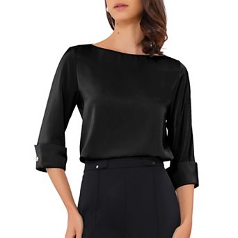 Satin Blouse for Women Dressy Casual Top Boat Neck 3/4 Sleeve Work Shirt