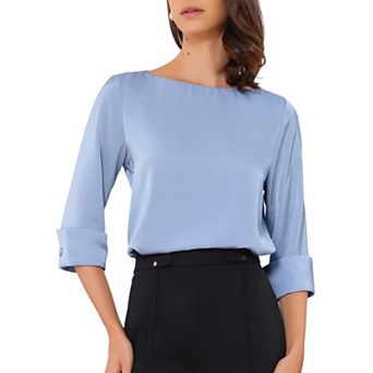 Satin Blouse for Women Dressy Casual Top Boat Neck 3/4 Sleeve Work Shirt