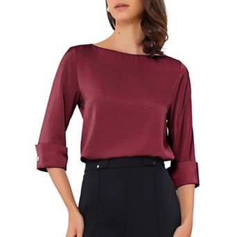 Satin Blouse for Women Dressy Casual Top Boat Neck 3/4 Sleeve Work Shirt