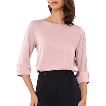 Satin Blouse for Women Dressy Casual Top Boat Neck 3/4 Sleeve Work Shirt