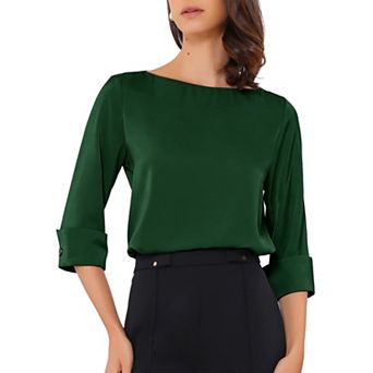 Satin Blouse for Women Dressy Casual Top Boat Neck 3/4 Sleeve Work Shirt
