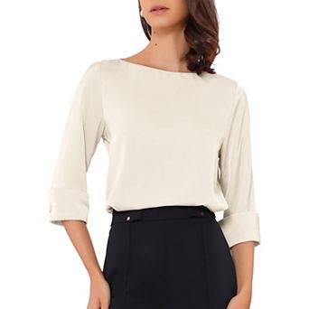 Satin Blouse for Women Dressy Casual Top Boat Neck 3/4 Sleeve Work Shirt