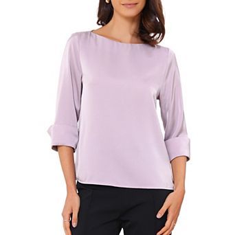 Satin Blouse for Women Dressy Casual Top Boat Neck 3/4 Sleeve Work Shirt