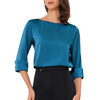 Satin Blouse for Women Dressy Casual Top Boat Neck 3/4 Sleeve Work Shirt