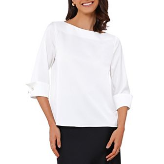 Satin Blouse for Women Dressy Casual Top Boat Neck 3/4 Sleeve Work Shirt