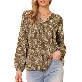V Neck Top for Women's Floral Prints Button Decor Puffy Sleeve Vintage Shirt